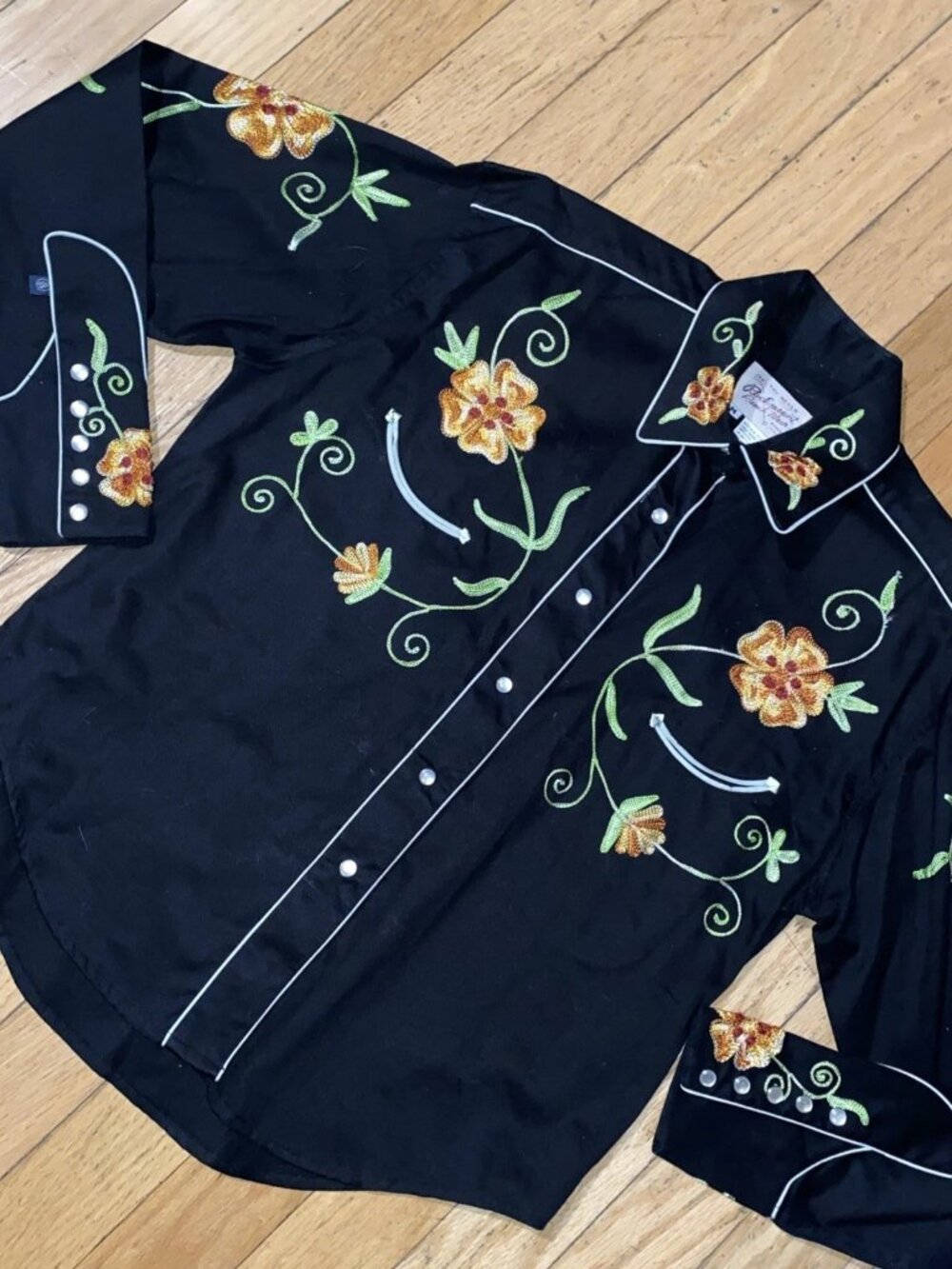 Rockmount Ranchwear Western Pearl Snap Shirt Black Floral Embroidered M Medium